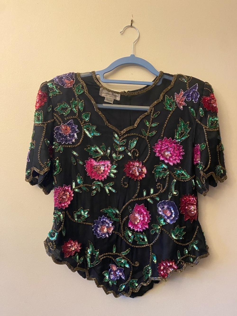 Laurence Kazar Black Sequin & Beaded 100% Silk Floral Short-Sleeve Top